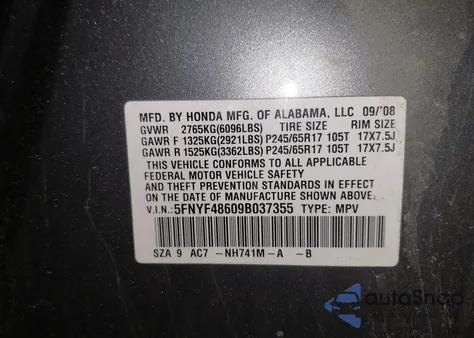 2009 Honda Pilot Ex-L from USA, damaged, VIN 5FNYF48609B037355